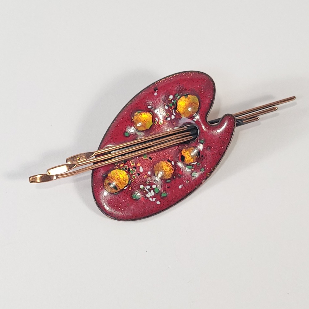 Matisse Renoir Artist Palette Brooch Red Enamel Copper Mid-Century Pin Jewelry